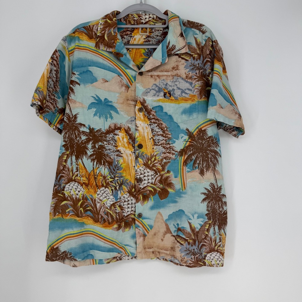 Hang Ten Button Down Shirt Mens Large Blue Tropical Rainbow Surf Aloha Coastal